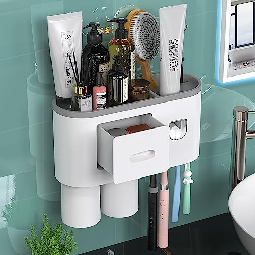 Toothbrush Holder Wall Mounted, Automatic Toothpaste Dispenser Squeezer Kit -Magnetic Toothbrush Holder for Bathroom and Vanity, 4 Brush Slots 2 Cups 1 Cosmetic Drawer1 Large Storage Tray by showgoca