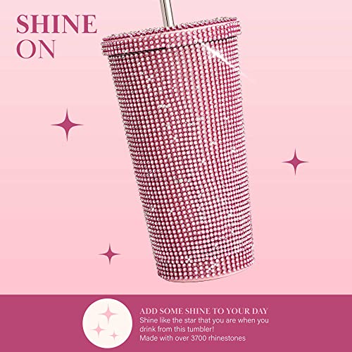 Paris Hilton Diamond Bling Water Tumbler With Lid And Straw, Vacuum Insulated Stainless Steel, Bedazzled With Over 3700 Rhinestones, 16.9-Ounce, Pink