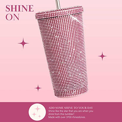 Paris Hilton Diamond Bling Water Tumbler With Lid And Straw, Vacuum Insulated Stainless Steel, Bedazzled With Over 3700 Rhinestones, 16.9-Ounce, Pink