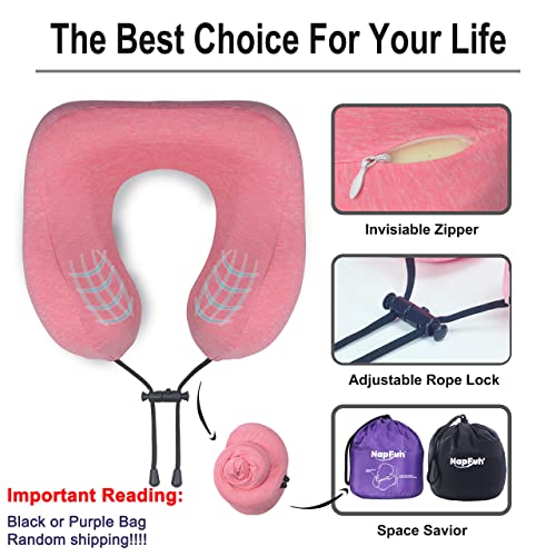 napfun Neck Pillow for Traveling, Upgraded Travel Neck Pillow for Airplane 100% Pure Memory Foam Travel Pillow for Flight Headrest Sleep, Portable Plane Accessories, Rose