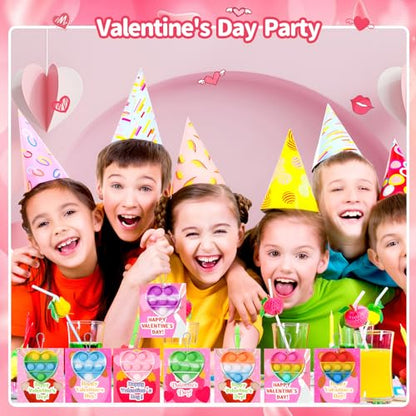 30Pack Valentines Cards for Kids Classroom with Heart Pop Bubble Fidget Keychain Toys, Bulk Prizes Toys for Valentines Day Party Favors School Classroom Exchange Gifts Pack for Kids