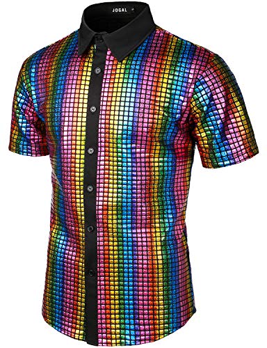 JOGAL Men's Sequins Short Sleeve Button Down Shirts 70s Disco Party Costume Large A353 Multicoloured