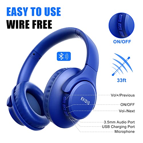 KVIDIO [Updated] Bluetooth Headphones Over Ear, 65 Hours Playtime Wireless Headphones with Microphone,Foldable Lightweight Headset with Deep Bass,HiFi Stereo Sound for Travel Work Laptop PC Cellphone