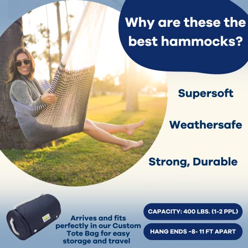 Handwoven Hammock by Yellow Leaf Hammocks - Double Size, Fits 1-2 PPL, 400lb max - Weathersafe, Super Strong, Easy to Hang, Ultra Soft, Artisan Made - Color: Stripe Navy Blue - White