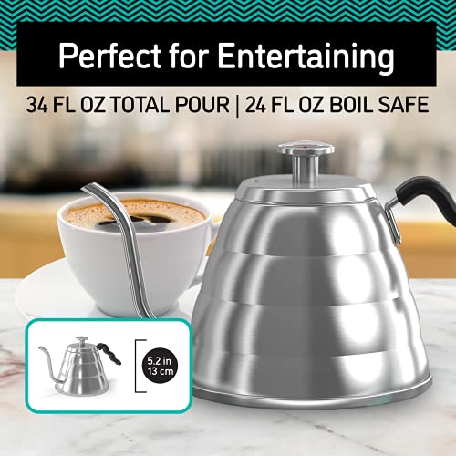 Coffee Gator Gooseneck Kettle with Thermometer, 34 oz Stainless Steel, Stove Top, Premium Pour Over Kettle for Tea and Coffee w/Precision Drip Spout, 4 Cup