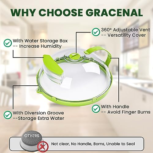 Gracenal Microwave Cover for Food, Clear Microwave Splatter Cover with Handle and Water Storage Box, 10 Inch Plate Covers, Kitchen Gadgets and Accessories, House Essentials for New Home Gifts, Green