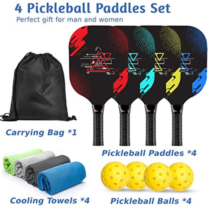 AOPOUL Pickleball Set with 4 Premium Wood Paddles, Cushion Comfort Grip, 4 Cooling Towels, 4 Pickleball Balls & Carry Bag, Gifts for Men Women