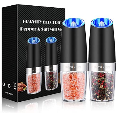 Gravity Electric Pepper and Salt Grinder Set, Adjustable Coarseness, Battery Powered with LED Light, One Hand Automatic Operation, Stainless Steel Black, 2 Pack