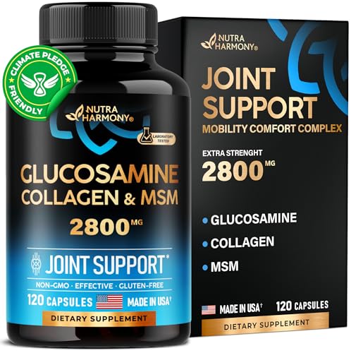 NUTRAHARMONY Glucosamine | MSM | Collagen - 2800 mg Joint Support Supplement - Made in USA - FSA HSA Eligible - Cartilage Health, Mobility & Strength - Flexibility Nutritional Vitamins, 120 Capsules