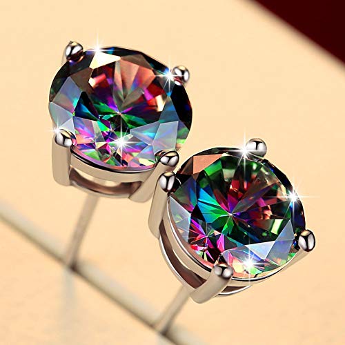 18K White Gold Plated Rainbow Quartz Stud Earrings Colourful Fashion CZ Created Mystic, Round Solitaire Mystic Earrings Hypoallergenic for Women Men Jewelry Gifts