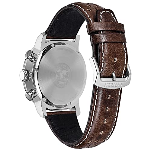 Citizen Men's Eco-Drive Weekender Brycen Chronograph Watch in Stainless Steel, Brown Leather strap, Ivory Dial (Model: CA0649-06X)