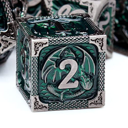 Haxtec DND Dice Set Metal D&D Dice Set with Leather Dice Bag Antique Iron Green Metal Polyhedral Dice for Dungeons and Dragons TTRPG Gifts