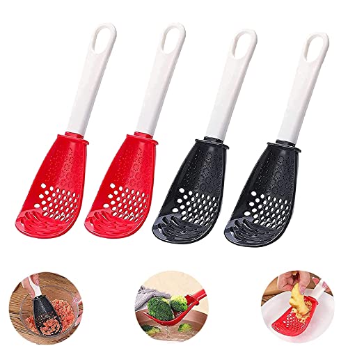 4 PCS Multifunctional Cooking Spoon, All Purpose Kitchen Tool Skimmer Scoop Colander Strainer Grater Masher, Food-Grade High Temperature Resistant Cooking Gadgets (2Red+2Black)