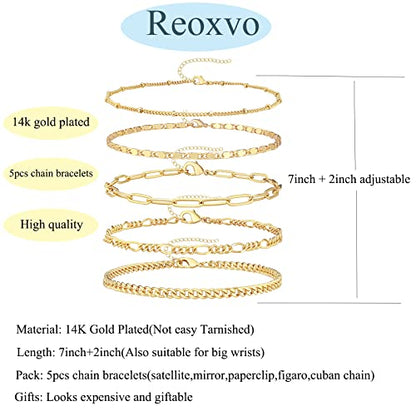 Reoxvo Gold Bracelets Jewelry Gifts Set for Women Fashion Dainty Gold Adjustable Layered Link Chain Bracelet Pack for Women 14K Real Gold Cute 5pcs