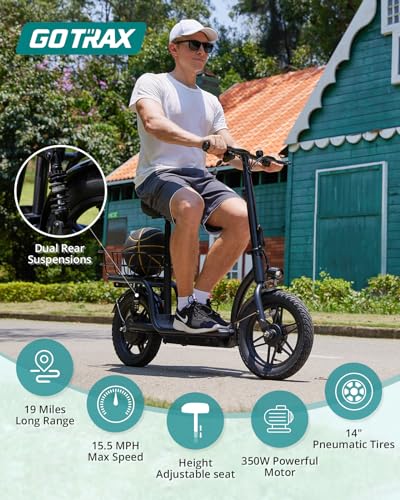 Gotrax ASTRO Electric Scooter with Seat, 14" Pneumatic Tire and 19 Miles Range&15.5Mph Power by 350W Motor, Comfortable Rear Dual Shock Absorption&Wider Seat, EBike with Carry Basket for Adult Black