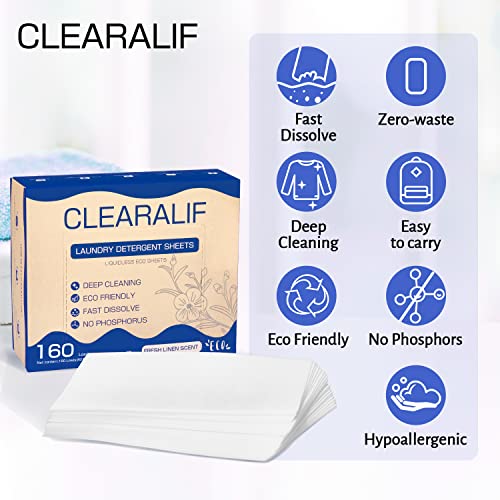 CLEARALIF Laundry Detergent Sheets Up to 160 Loads, Fresh Linen - Great For Travel,Apartments, Dorms,Laundry Detergent Strips Eco Friendly & Hypoallergenic