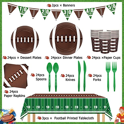 Football Party Decorations Football Party Supplies Tableware Set -24 guests Football Banners,Plate,Cup,Cutlery,Tablecloths for Super Sunday Touchdown Party Decoration