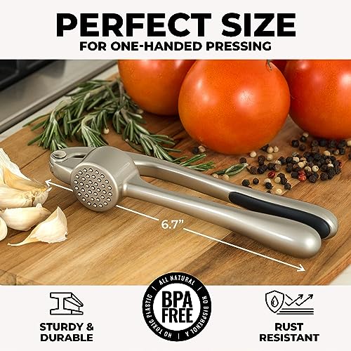 Zulay Kitchen Premium Garlic Press with Soft, Easy to Squeeze Handle - Includes Silicone Garlic Peeler & Cleaning Brush - 3 Piece Garlic Mincer Tool - Sturdy Easy to Clean Garlic Crusher (Silver)