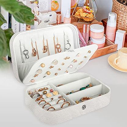 Travel Jewelry Box,PU Leather Small Jewelry Organizer for Women Girls,Portable Mini Travel Case Display Storage Holder Box for Stud Earrings, Rings, Necklaces, Bracelets (Glitter White)