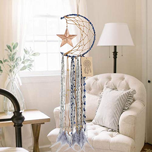 Dremisland Blue Dream Catcher Handmade Half Circle Moon Design Dream Catcher Feather Hanging with Star Home Decoration Ornament Festival Gift (Moon& Star)