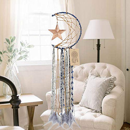 Dremisland Blue Dream Catcher Handmade Half Circle Moon Design Dream Catcher Feather Hanging with Star Home Decoration Ornament Festival Gift (Moon& Star)