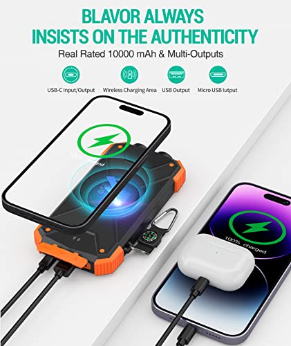 BLAVOR Solar Charger Power Bank, Qi Wireless Charger 10,000mAh External Battery Pack Type C Input Output Dual Super Bright Flashlight, Compass Carabiner, Solar Panel Charging (Orange)