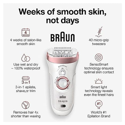 Braun Silk-épil 9 9-890, Facial Hair Removal for Women, Hair Removal Device, Bikini Trimmer, Womens Shaver Wet & Dry, Cordless and 7 extras