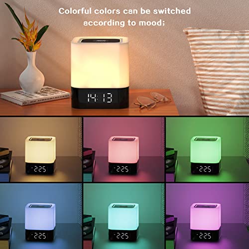 Aisuo Night Light-5 in 1 Bedside Lamp with Bluetooth Speaker, 12/24H Digital Calendar Alarm Clock, Touch Control, Support TF and SD Card, Music Player, Gift for Girls Boys Teens,Warm White