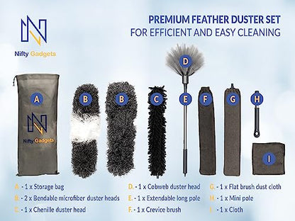 Nifty Gadgets Feather Duster Set - Premium Quality Microfiber Cleaning Brushes with Extendable Handle for Dusting - Reusable, Bendable Dusters, Washable Lightweight