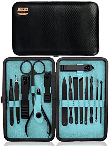 Utopia Care 15 Pieces Manicure Set - Stainless Steel Manicure Nail Clippers Pedicure Kit - Professional Grooming Kits, Nail Care Tools with Luxurious Travel Case (Black)