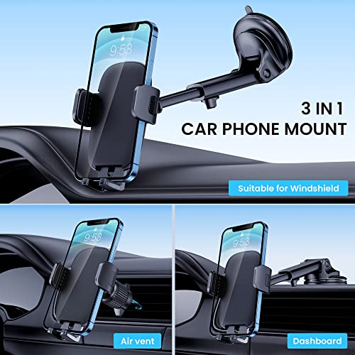 Car Phone Holder Mount [Military-Grade Suction & Stable Hook] Phone Mount for Car Windshield Dashboard Air Vent Universal Hands-Free Automobile Mounts Cell Phone Holder Fit for iPhone Smartphones