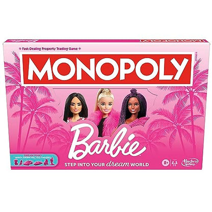 Monopoly: Barbie Edition Board Game, Ages 8+, 2-6 Players, Fun Family Games for Kids and Adults, with 6 Barbie-Themed Pink Zinc Tokens, Kids Gifts