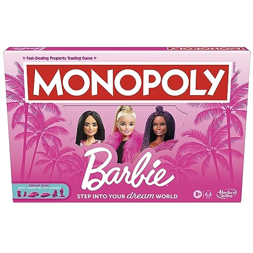 Monopoly: Barbie Edition Board Game, Ages 8+, 2-6 Players, Fun Family Games for Kids and Adults, with 6 Barbie-Themed Pink Zinc Tokens, Kids Gifts