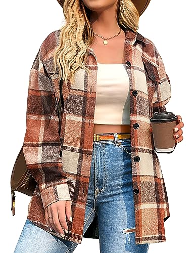 IN'VOLAND Womens Plus Size Plaid Shacket Jacket Casual Long Sleeve Flannel Shirts Button Down Fall Clothes Tops Orange 22W