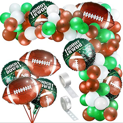 97 Pieces Football Balloons Set 6 Pieces Football Field Foil Balloons 90 Pieces Latex Balloons and Long Balloon Strip for Sport Themed Football Themed Birthday Party Decorations (White, Green, Brown)