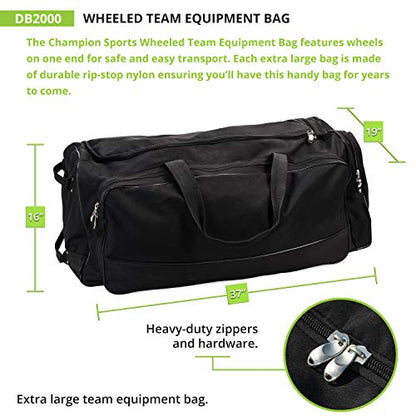 Champion Sports Wheeled Equipment Bag: Large Nylon Athletic Travel Bag with Wheels for Baseball, Football, Basketball, Soccer, Hockey, and Training , Black