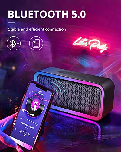 Kunodi Bluetooth Speaker, Bluetooth 5.0 Wireless Portable Speaker with 10W Stereo Sound, Party Speakers with Ambient RGB Light,IPX5 Waterproof Speakers for Outdoors, Travel（Black