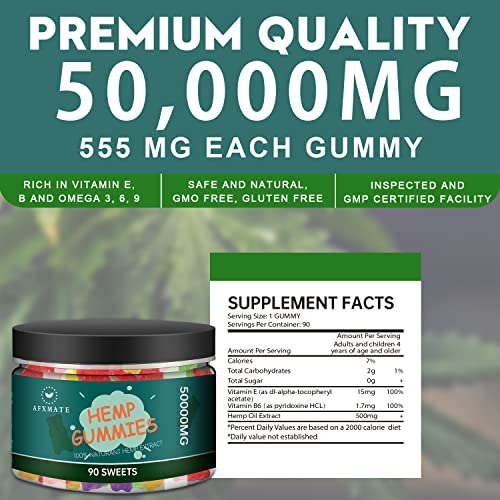 AFXMATE Hemp Gummies 50000mg, Natural Hemp Oil Infused Gummies Fruit Flavored Gummy (90 Gummies)