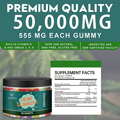 AFXMATE Hemp Gummies 50000mg, Natural Hemp Oil Infused Gummies Fruit Flavored Gummy (90 Gummies)
