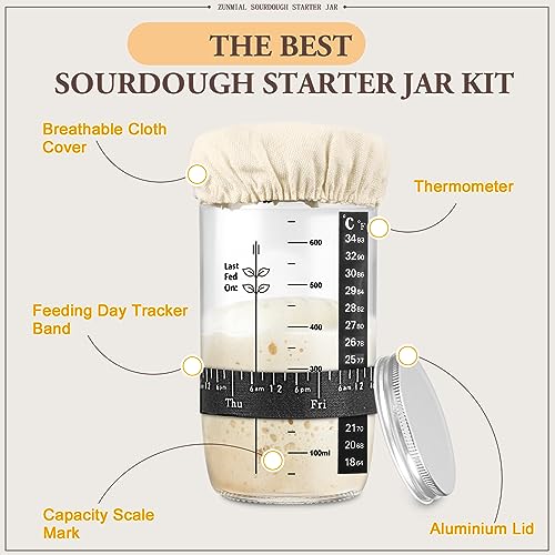 Zunmial Sourdough Starter Jar, Sourdough Starter Kit with With Date Marked Feeding Band, Thermometer, Cloth Cover & Metal Lid, Reusable Sourdough Bread Baking Supplies, Home Baking Supplies