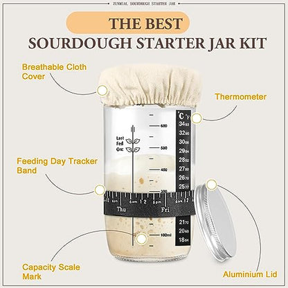 Zunmial Sourdough Starter Jar, Sourdough Starter Kit with With Date Marked Feeding Band, Thermometer, Cloth Cover & Metal Lid, Reusable Sourdough Bread Baking Supplies, Home Baking Supplies