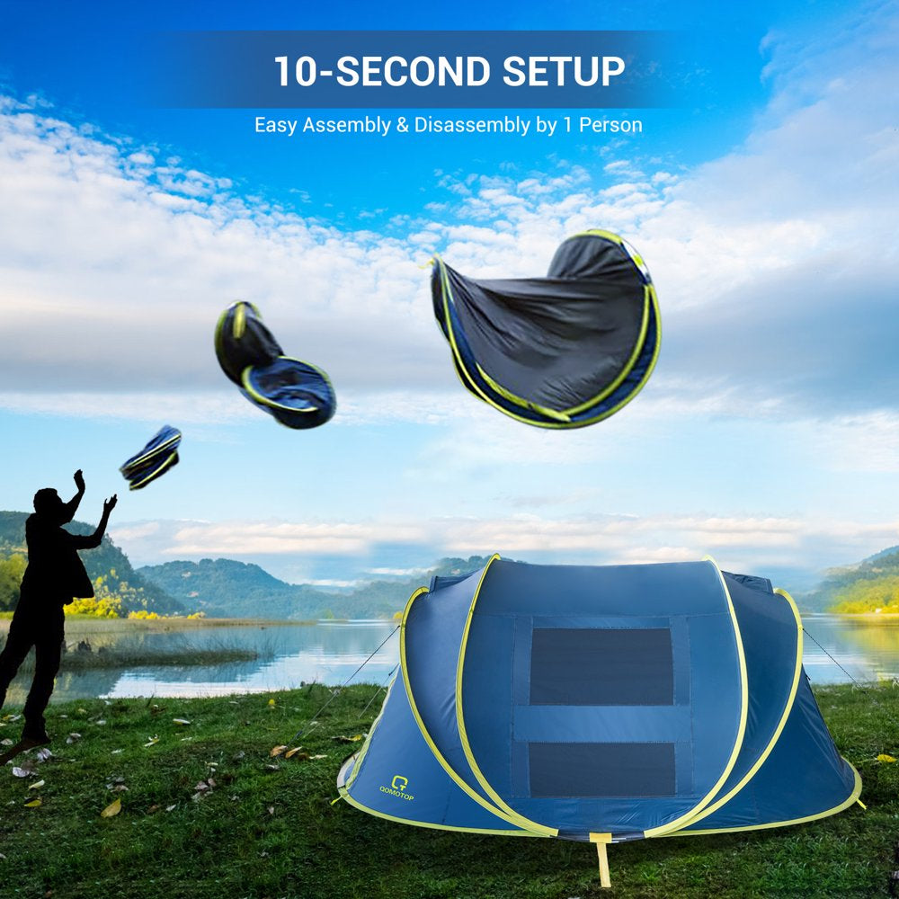 QOMOTOP Instant Tent 4-Person Camp Tent, Automatic Setup Pop Up Tent, Waterproof, Huge Side Screen Windows, Blue