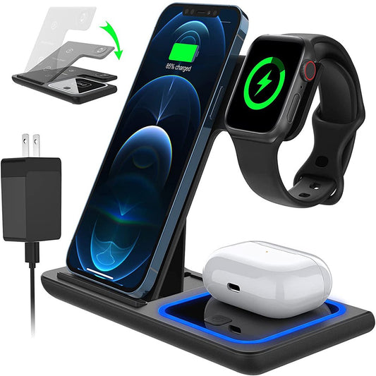 3 in 1 Wireless Charger, 18W Fast Charger Pad Stand Charging Station Dock for Iwatch Series SE 6/5/4/3 Airpods for Iphone 14/13/12 /11/Pro Max/12 Mini /XR Max 8 plus (With QC3.0 Adapter)