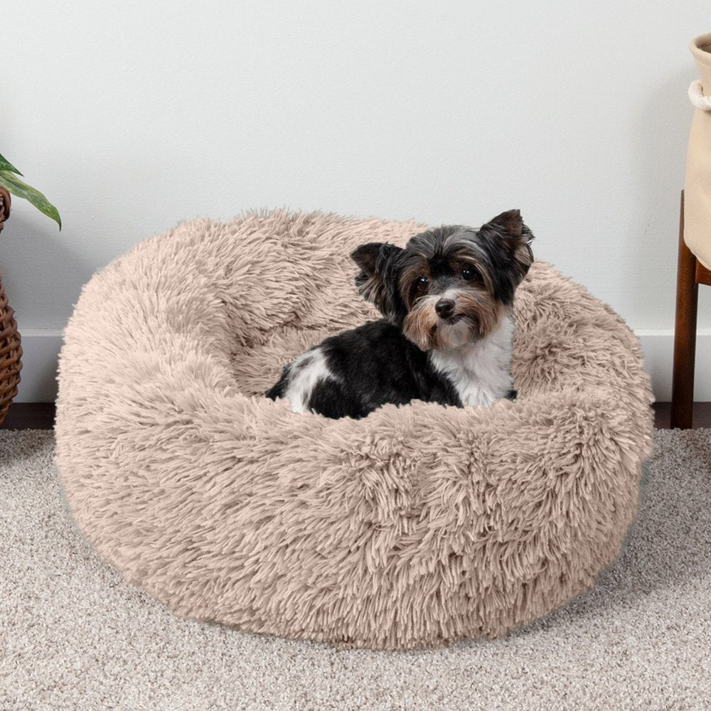 FurHaven Pet Products Calming Cuddler Long Faux Fur Donut Pet Bed for Dogs & Cats - Taupe, Small