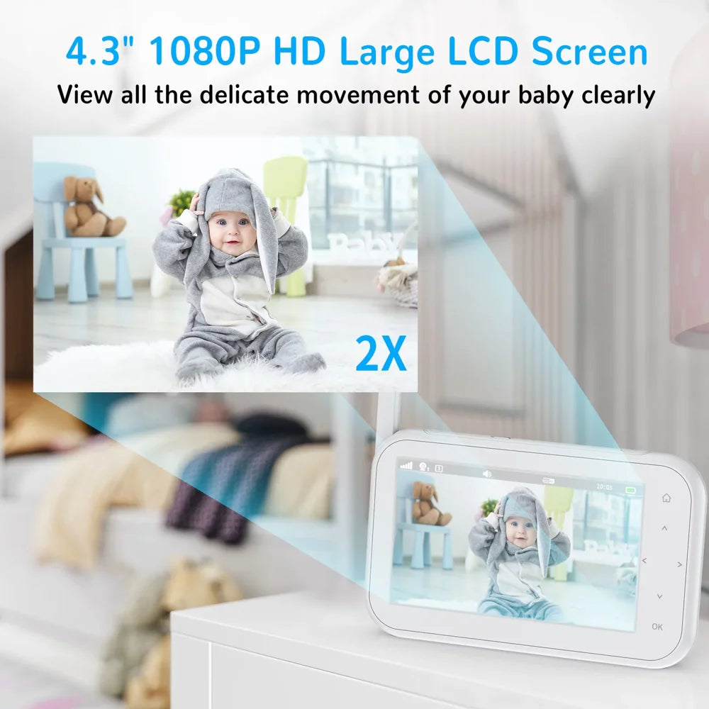 FEBFOXS 1080P Baby Monitor with Camera and Audio, 4.3" LCD Display Video Baby Monitor with Pan & Tilt & Zoom, Two-Way Talk, Auto Night Vision, VOX Mode, Temperature Sensor, No Wifi