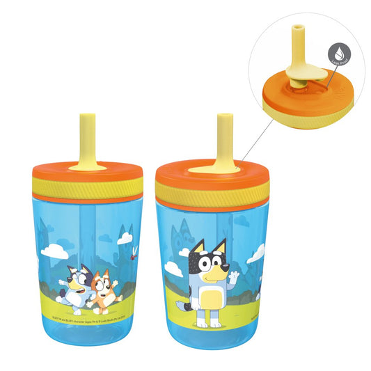 Zak Designs 15 oz Travel Straw Tumbler Plastic and Silicone with Leak-Proof Valve for Kids, 2-Pack Bluey