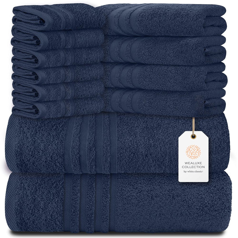 White Classic 12 Piece Bath Towel Set for Bathroom - Wealuxe Collection 2 Bath Towels, 4 Hand Towels, 6 Washcloths 100% Cotton Soft and Plush Highly Absorbent, Soft Towel for Hotel & Spa - Black