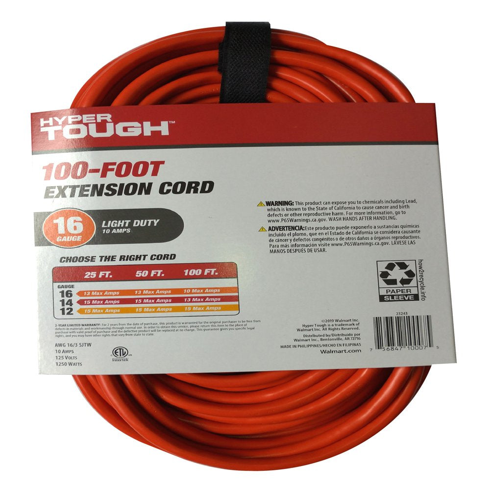 100ft Indoor and Outdoor Light Duty Orange Vinyl Extension Cord