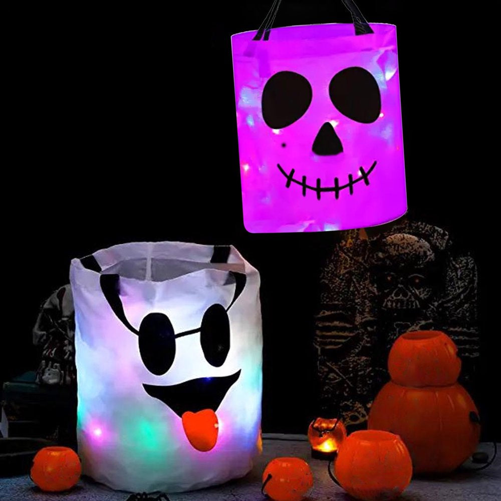 LED Light Halloween Trick or Treat Bags Pumpkin Bucket Light up Halloween Party Bags with Pumpkin Smile Face Light up Candy Bags Multipurpose Reusable Goody Bucket for Kids Halloween