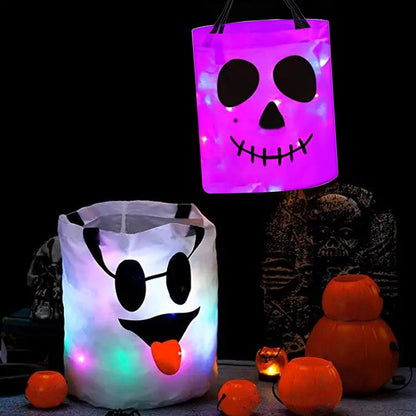 LED Light Halloween Trick or Treat Bags Pumpkin Bucket Light up Halloween Party Bags with Pumpkin Smile Face Light up Candy Bags Multipurpose Reusable Goody Bucket for Kids Halloween